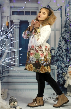 Комплект от зимно детско палто на цветя с качулка с еко косъм с боти в златисто