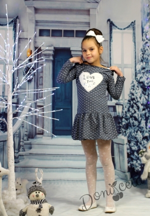 Комплект от детска рокля в графитеносиво със сърце и елек  в бяло
