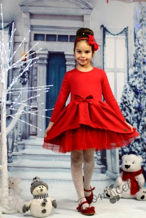 Детска коледна рокля с дълъг ръкав в червено Надежда с тюл