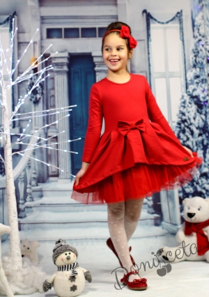 Детска коледна рокля с дълъг ръкав в червено с тюл