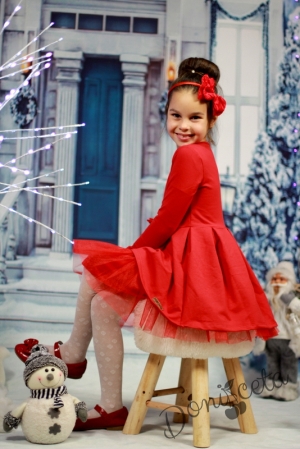 Детска коледна рокля с дълъг ръкав в червено с тюл