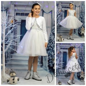Официална детска рокля в бяло и сребристо с  памучно болеро в бяло Снежана