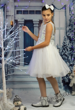 Официална детска рокля в бяло и сребристо с  памучно болеро в бяло Снежана
