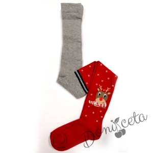 Коледен чорапогащник в сиво и червено с еленче
