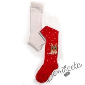 Коледен чорапогащник в бяло и червено с еленче