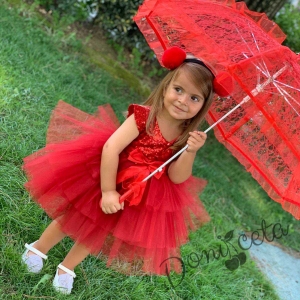 Официална детска рокля Хава в червено от пайети и тюл на пластове 