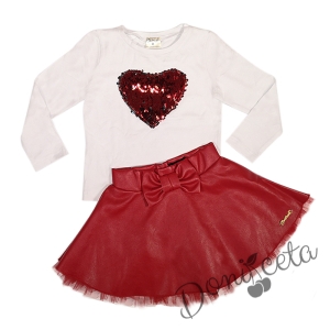 Комплект от кожена пола в червено и блузка със сърце от пайети