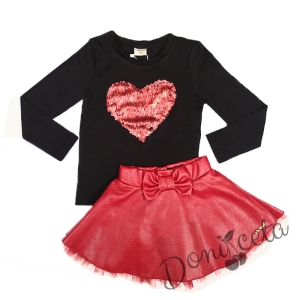 Комплект от кожена пола в червено и черна блузка със сърце от пайети