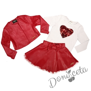 Комплект от 3 части-детска кожена пола  в червено, блузка в бяло  и кожено яке