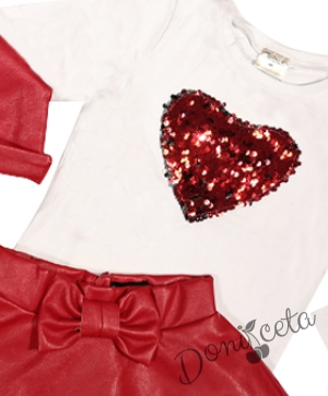 Комплект от 3 части-детска кожена пола  в червено, блузка в бяло  и кожено яке