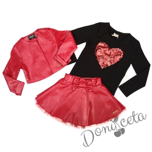 Комплект от 3 части-детска кожена пола  в червено, блузка в черно и кожено яке