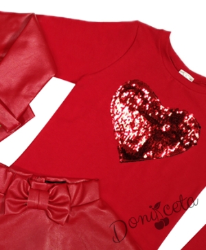 Комплект от 3 части-детска кожена пола, блузка и кожено яке в червено