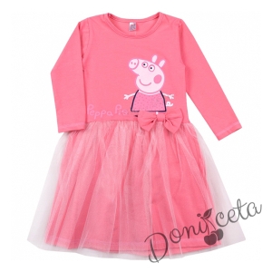 Детска рокля с дълъг ръкав в розово с прасето Пепа пиг  тюл