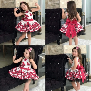 Официална детска рокля в червено с пеперуди в комплект с панделка