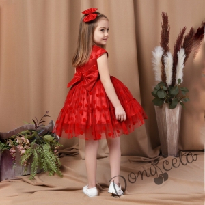 Официална детска рокля Ади в червено с тюл в комплект с панделка в червено