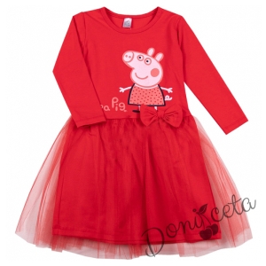 Детска рокля с дълъг ръкав в червено с прасето Пепа пиг тюл с тюл