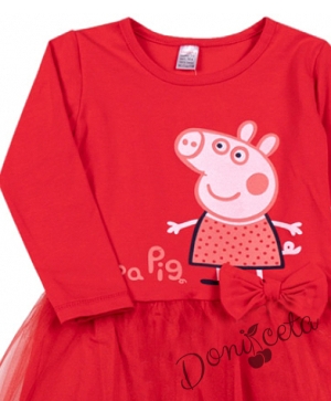 Детска рокля с дълъг ръкав в червено с прасето Пепа пиг тюл с тюл