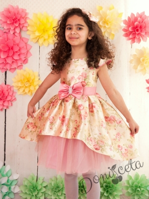 Официална детска рокля в златисто на цветя с розов тюл