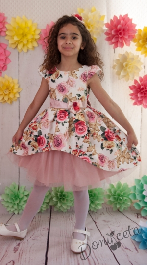 Официална детска рокля с розички и тюл в пепел от рози
