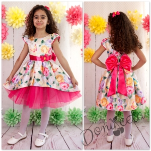 Официална детска рокля с розички и тюл в циклама