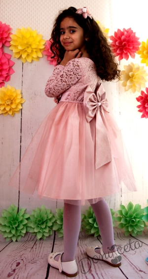 Официална детска рокля с дълъг ръкав с дантела и тюл в пепел от рози с голяма панделка