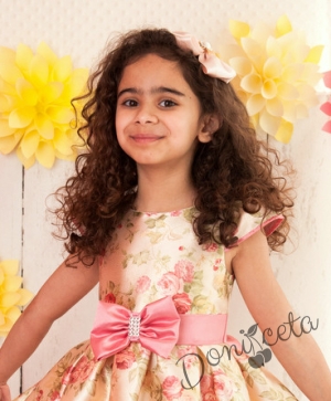 Официална детска рокля в златисто на цветя с розов тюл
