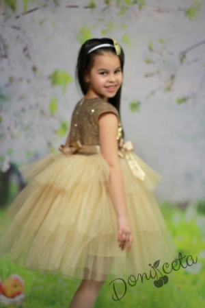 Официална детска рокля в златисто от пайети и тюл на пластове  Адалия