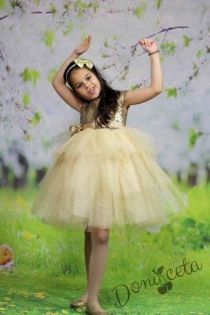 Официална детска рокля в златисто от пайети и тюл на пластове  Адалия