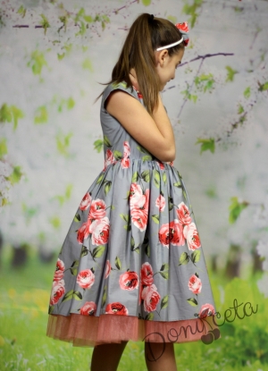 Официална детска рокля в сиво на цветя в комплект с диадема Радена