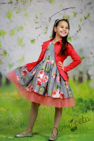 Комплект от детска рокля на цветя със сако в малина и диадема Радена