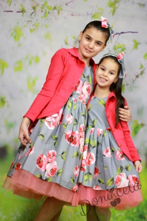 Комплект от детска рокля на цветя със сако в малина и диадема Радена