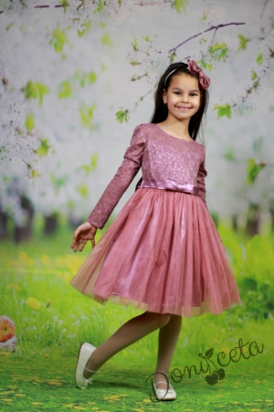 Празнична/официална детска рокля Павлина с дълъг ръкав в пепел от рози с дантела и тюл с голяма панделка отзад