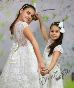 Официална/шаферска детска дантелена рокля в бяло с панделка отзад и къси ръкави Белисима