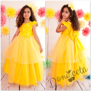 Официална дълга детска рокля в жълто с голяма панделка с 3D пеперуди