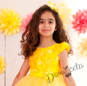 Официална дълга детска рокля в жълто с голяма панделка с 3D пеперуди
