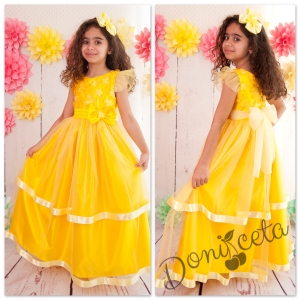 Официална дълга детска рокля в жълто с 3D пеперуди
