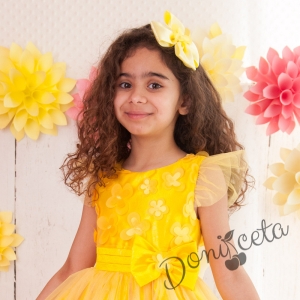 Официална дълга детска рокля в жълто с 3D пеперуди