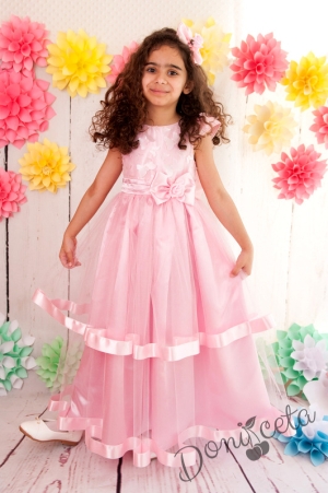 Официална дълга детска рокля в розово с 3D пеперуди