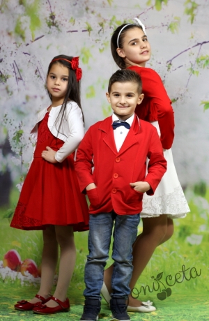 Детско сако за момче в червено с кръпки