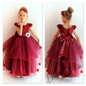 Официална детска дълга рокля в бордо с тюл до долу и 3D розички