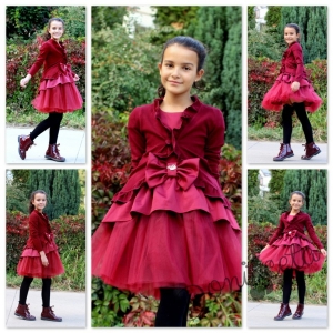 Комплект от официална детска рокля в бордо и тюл Каролина от сатен  с плетена жилетка