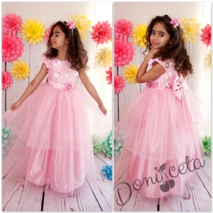 Официална дълга детска рокля в розово с голяма панделка с 3D пеперуди