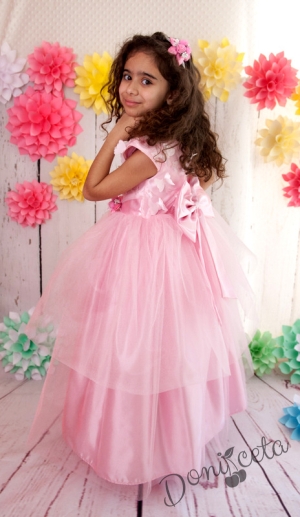 Официална дълга детска рокля в розово с голяма панделка с 3D пеперуди