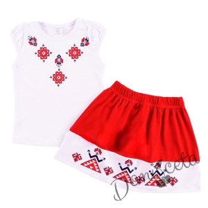 Комплект за момиче от пола, блузка с  фолклорни/етно  мотиви и червено болеро