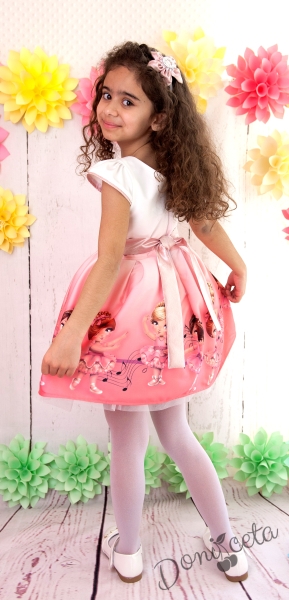 Официална детска рокля в розово с балеринки и ноти 