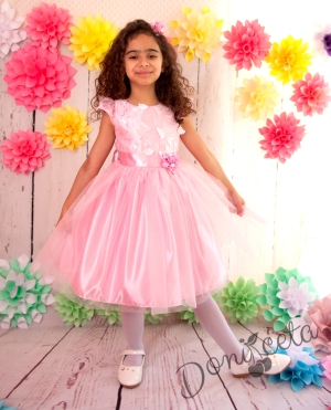 Официална детска рокля в розово с голяма панделка с 3D пеперуди