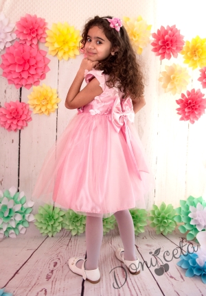 Официална детска рокля в розово с голяма панделка с 3D пеперуди