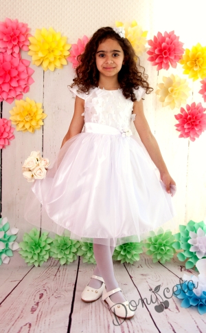 Официална детска рокля в бяло с голяма панделка с 3D пеперуди Ани
