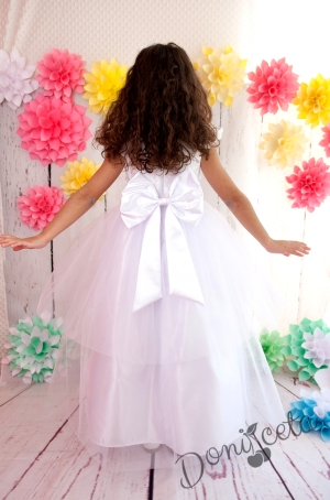 Официална дълга детска рокля в бяло  с тюл и с голяма панделка с 3D пеперуди  Ан