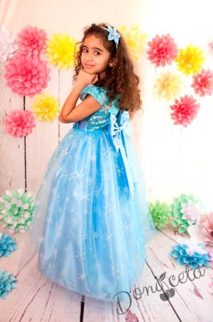 Официална дълга детска рокля в синьо с голяма панделка 